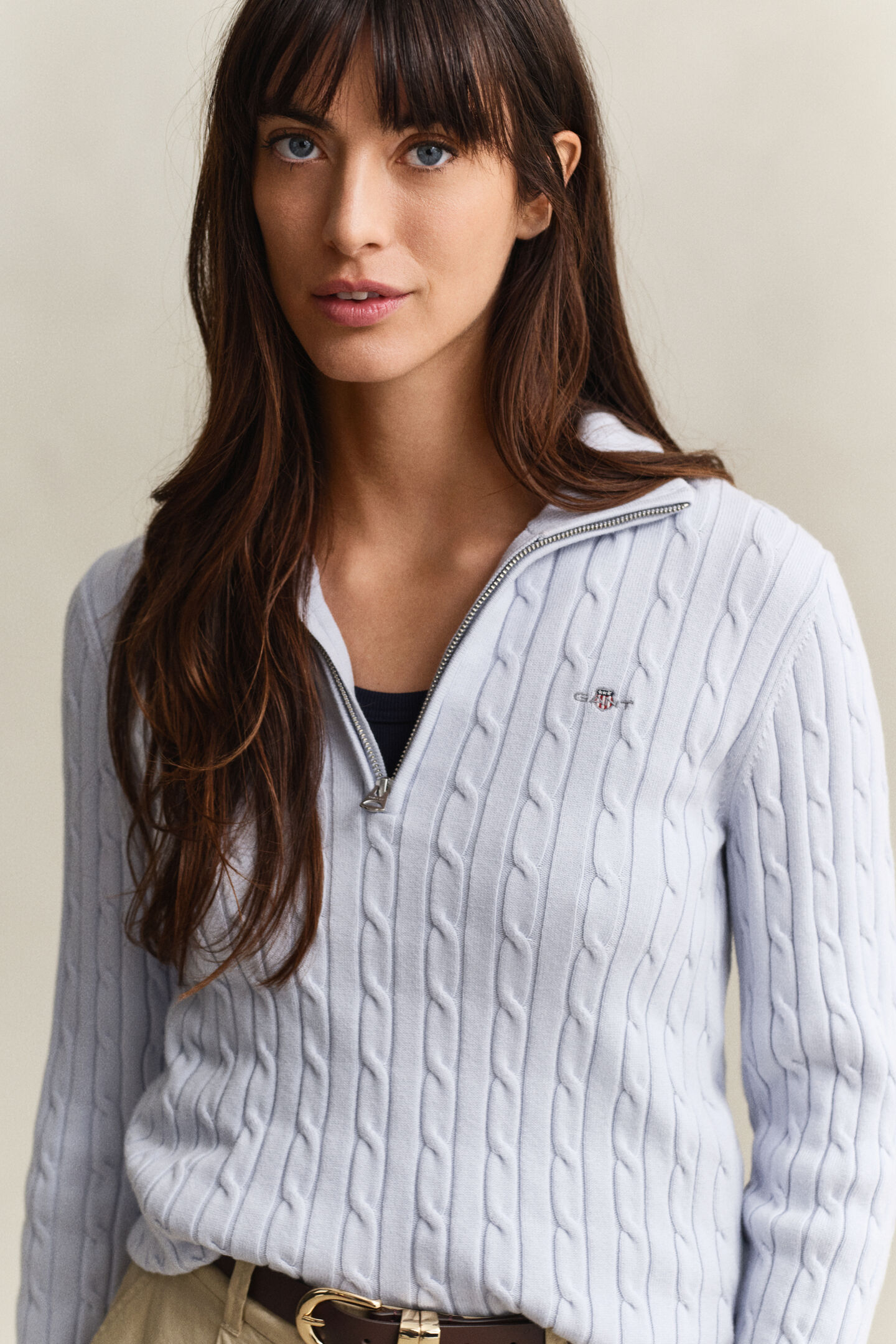 Kabelstickad tr&ouml;ja med half-zip