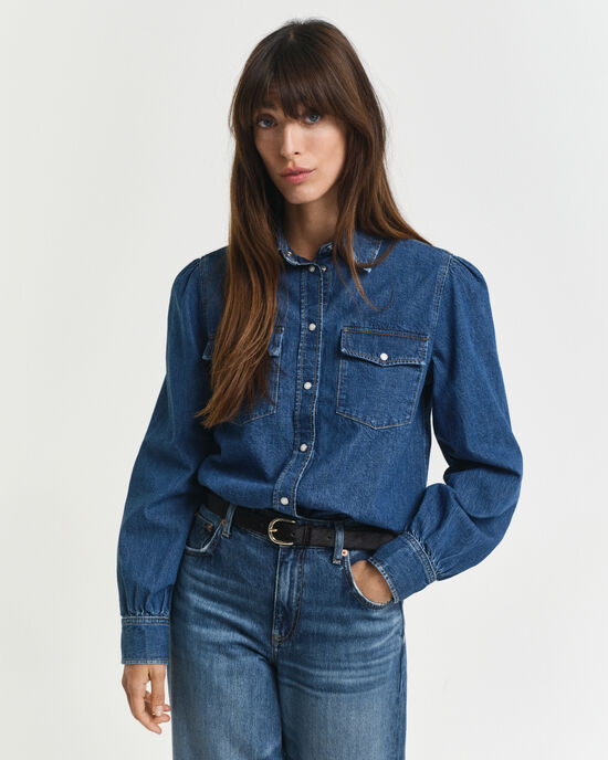 Regular fit denimskjorta med puff&auml;rm