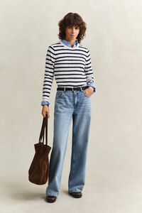 Randig kabelstickad tr&ouml;ja med rund halsringning