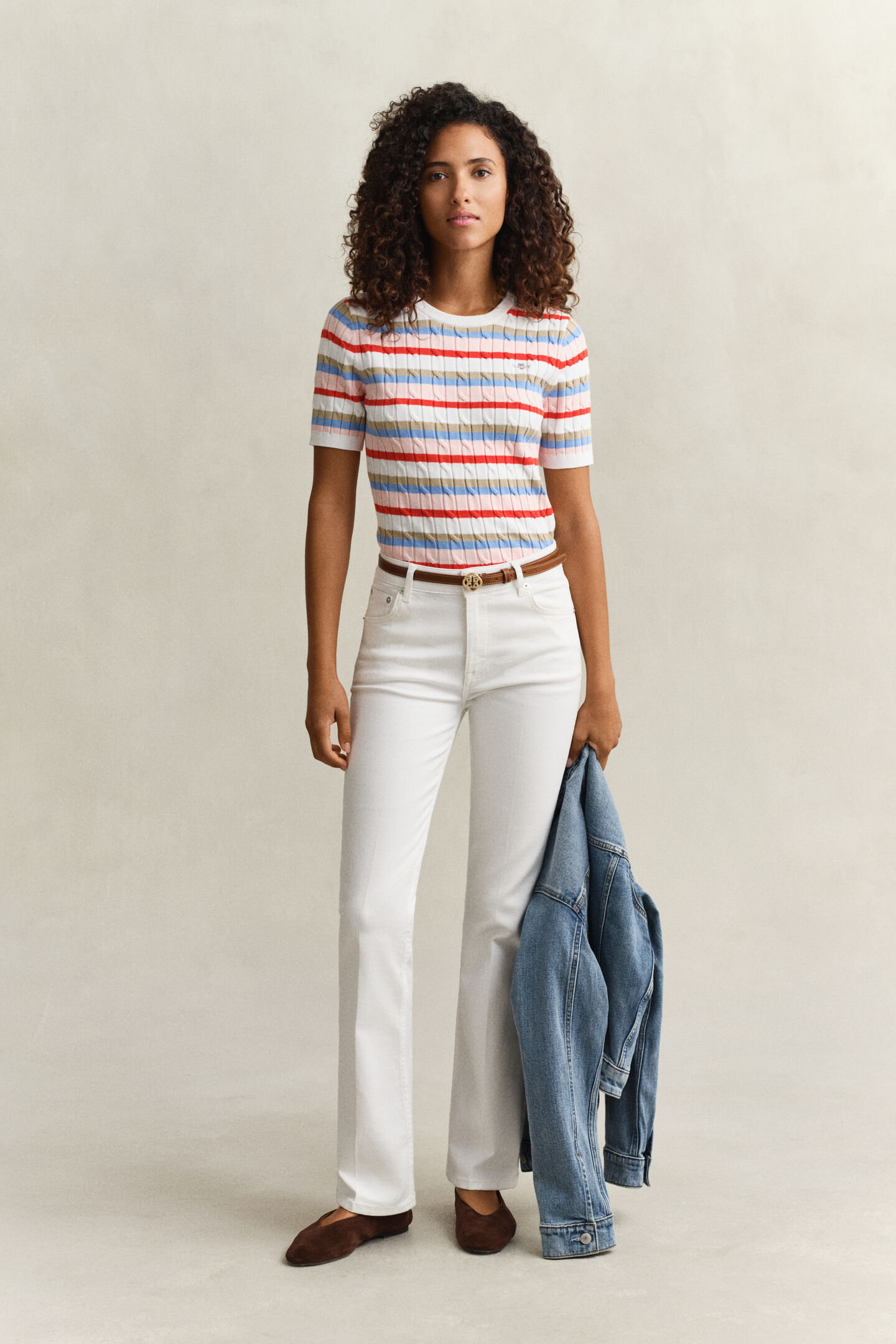 Randig kabelstickad kort&auml;rmad tr&ouml;ja