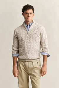 Kabelstickad bomullstr&ouml;ja med dragkedja vid hals&ouml;ppningen