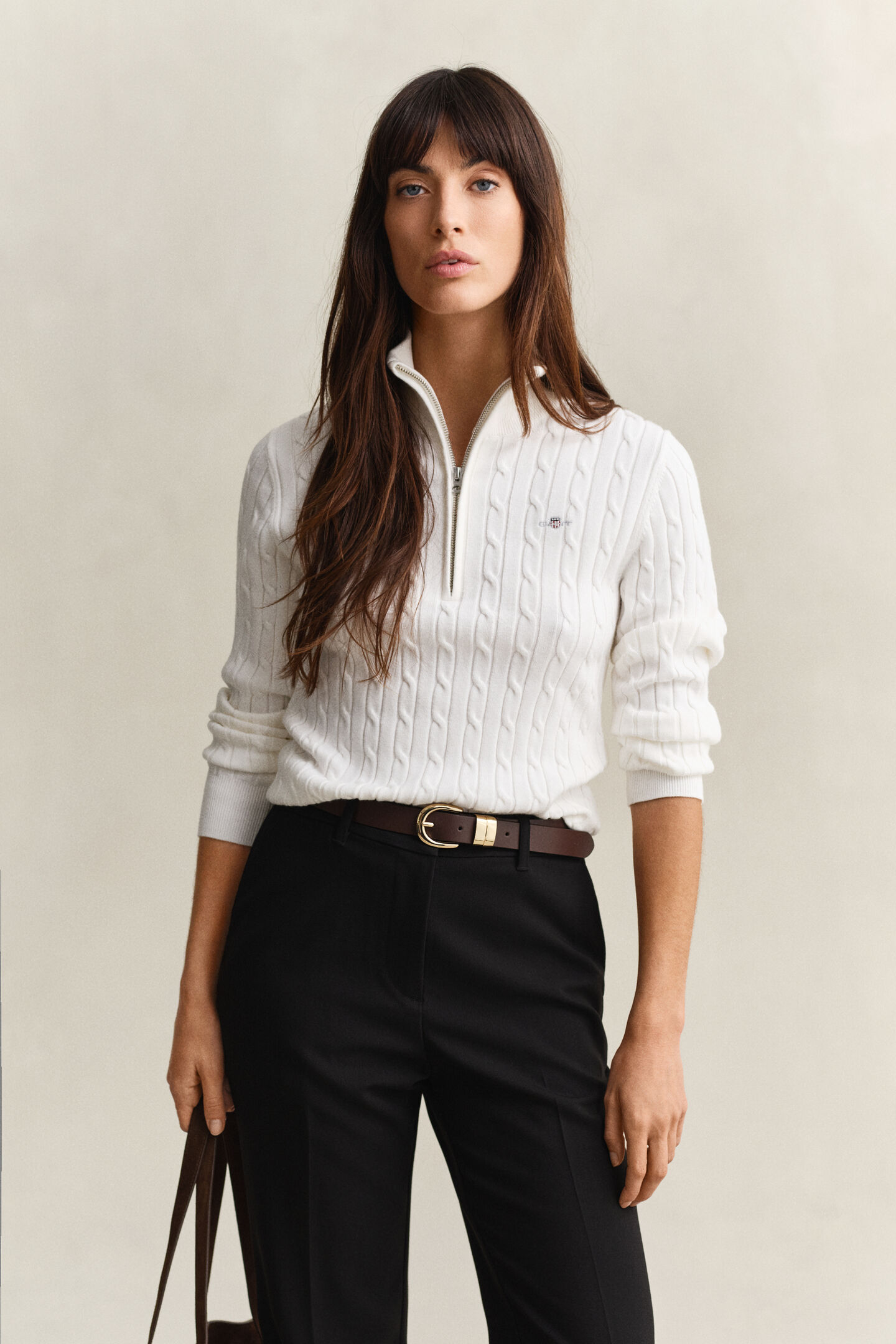 Kabelstickad tr&ouml;ja med half-zip