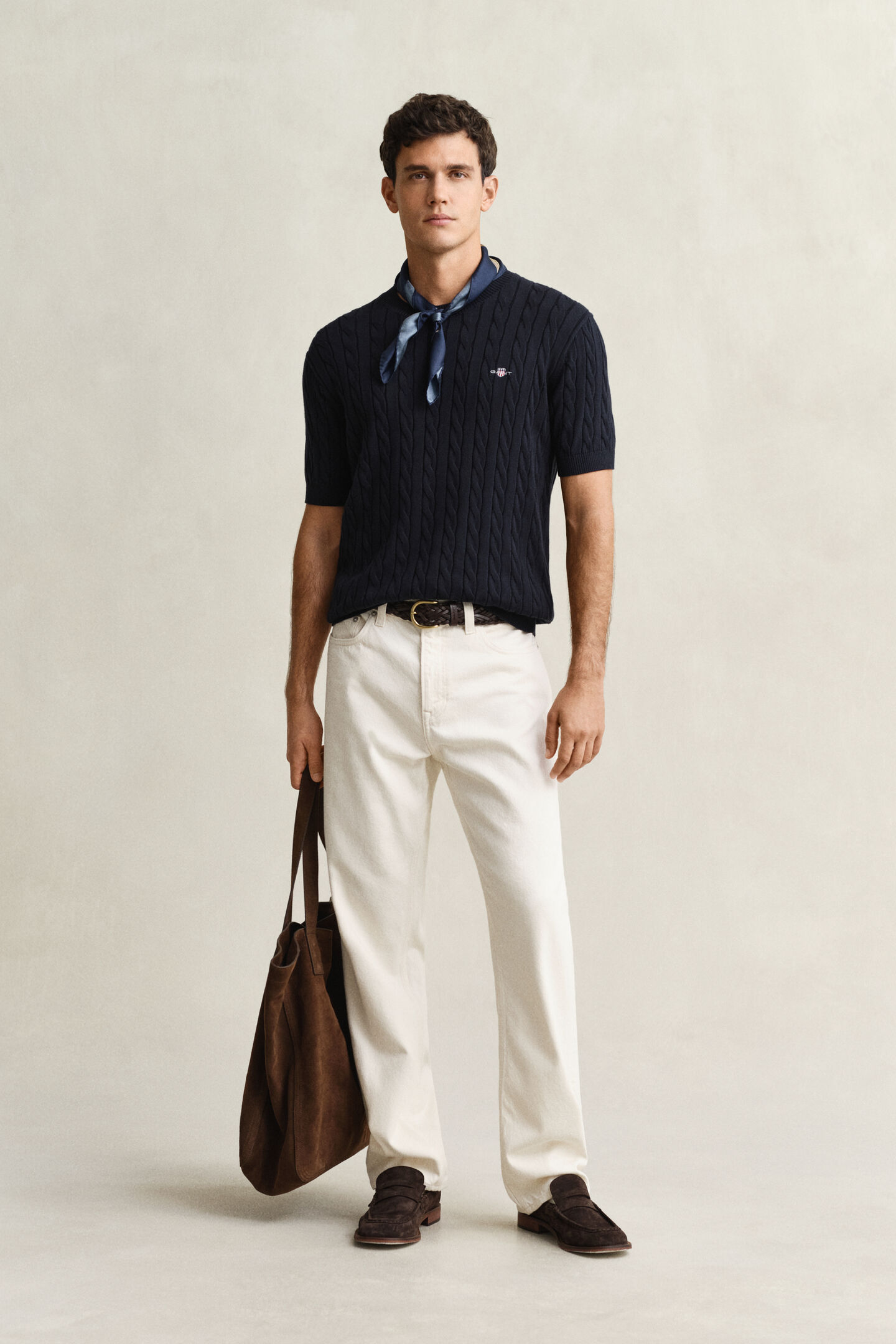 Kort&auml;rmad kabelstickad bomullstr&ouml;ja