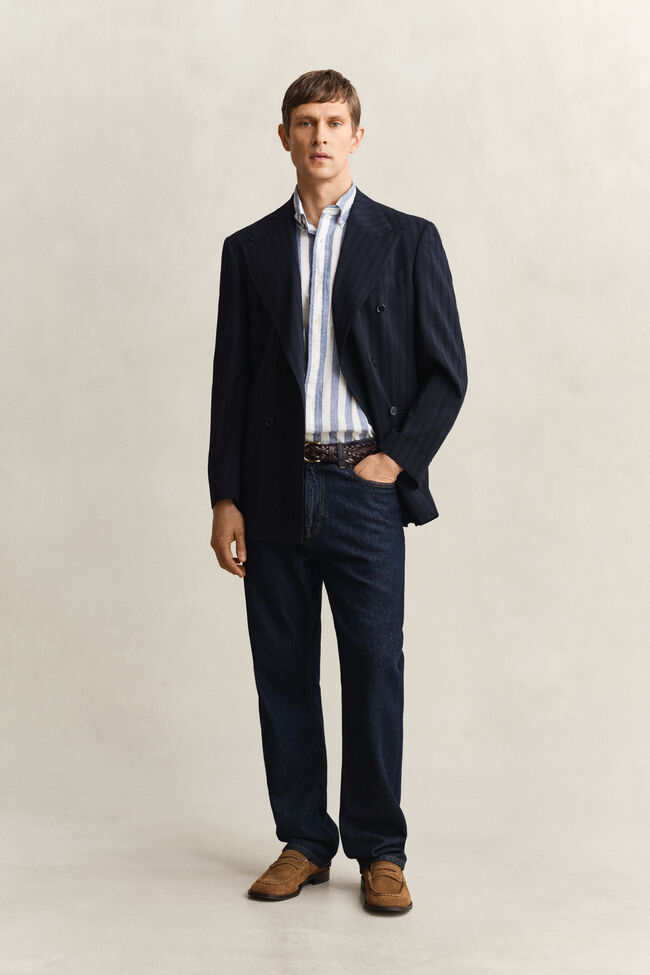 Randig kort&auml;rmad skjorta i linneblandning