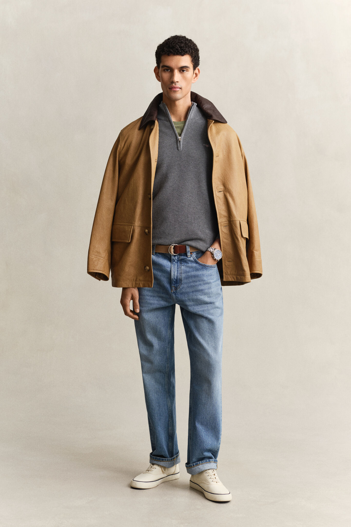 Bomullstr&ouml;ja med struktur och half-zip