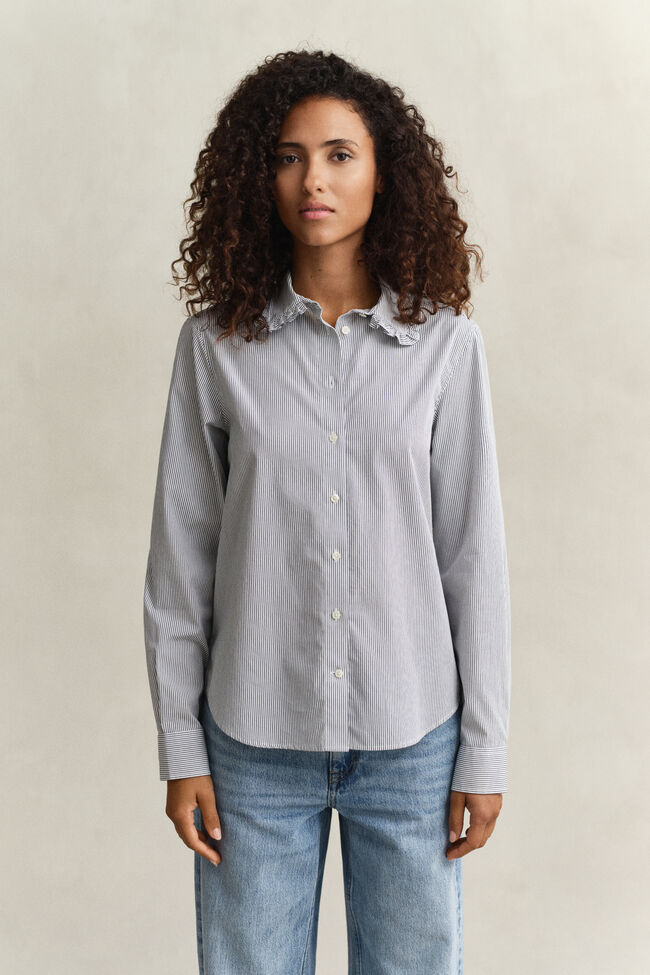 Randig bomullsskjorta med volang