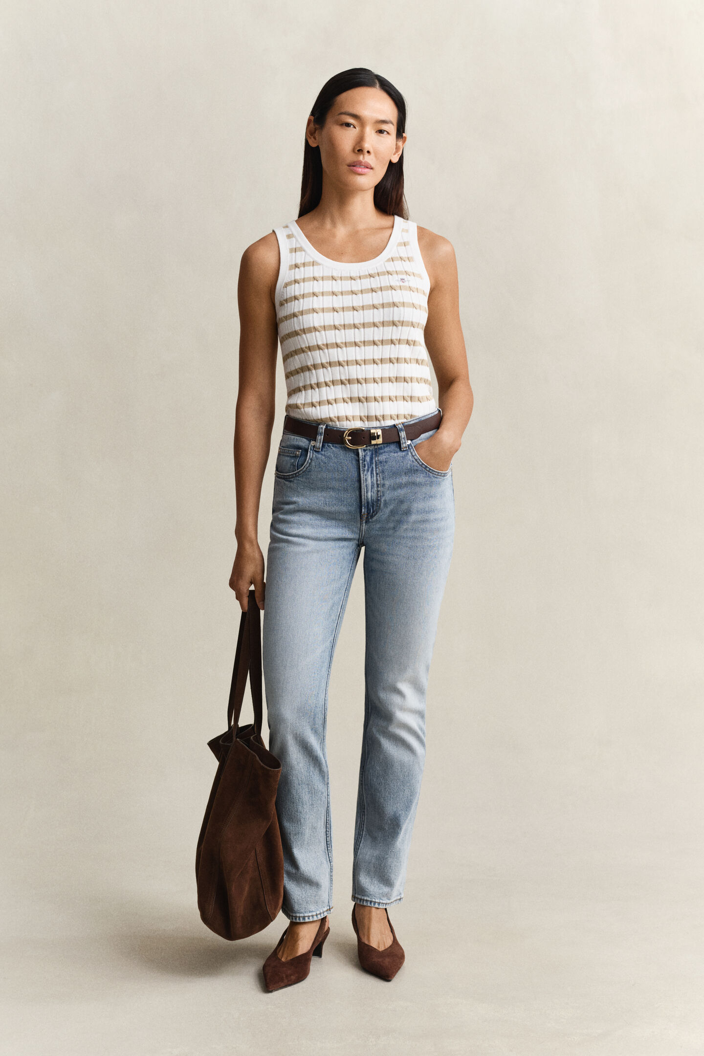 Randigt kabelstickat linne