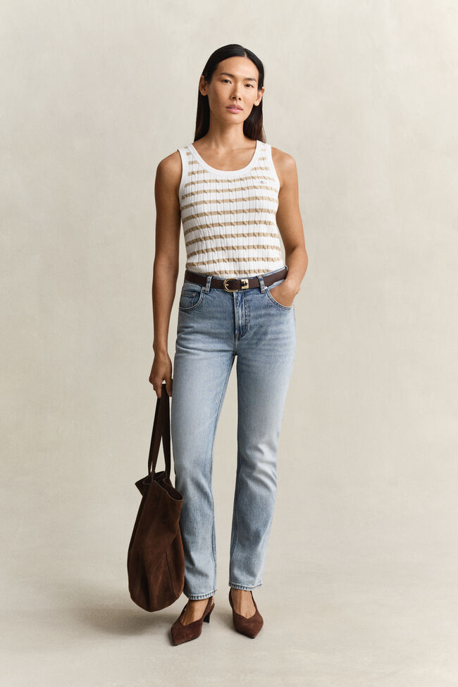 Randigt kabelstickat linne